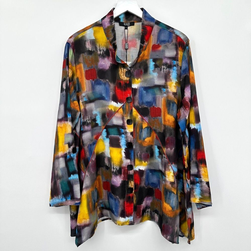 Lior Paris Tunic Top Shirt Blouse Size Large Long Roll Tab Sleeve Wearable Art‎